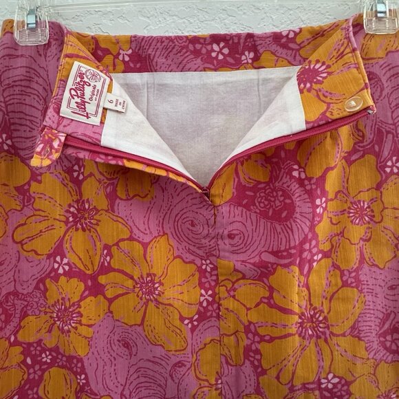 Lilly Pulitzer Skirt 6 Pink/Orange Cotton Elephant Hibiscus 18" Grannycore Beach - Picture 5 of 13
